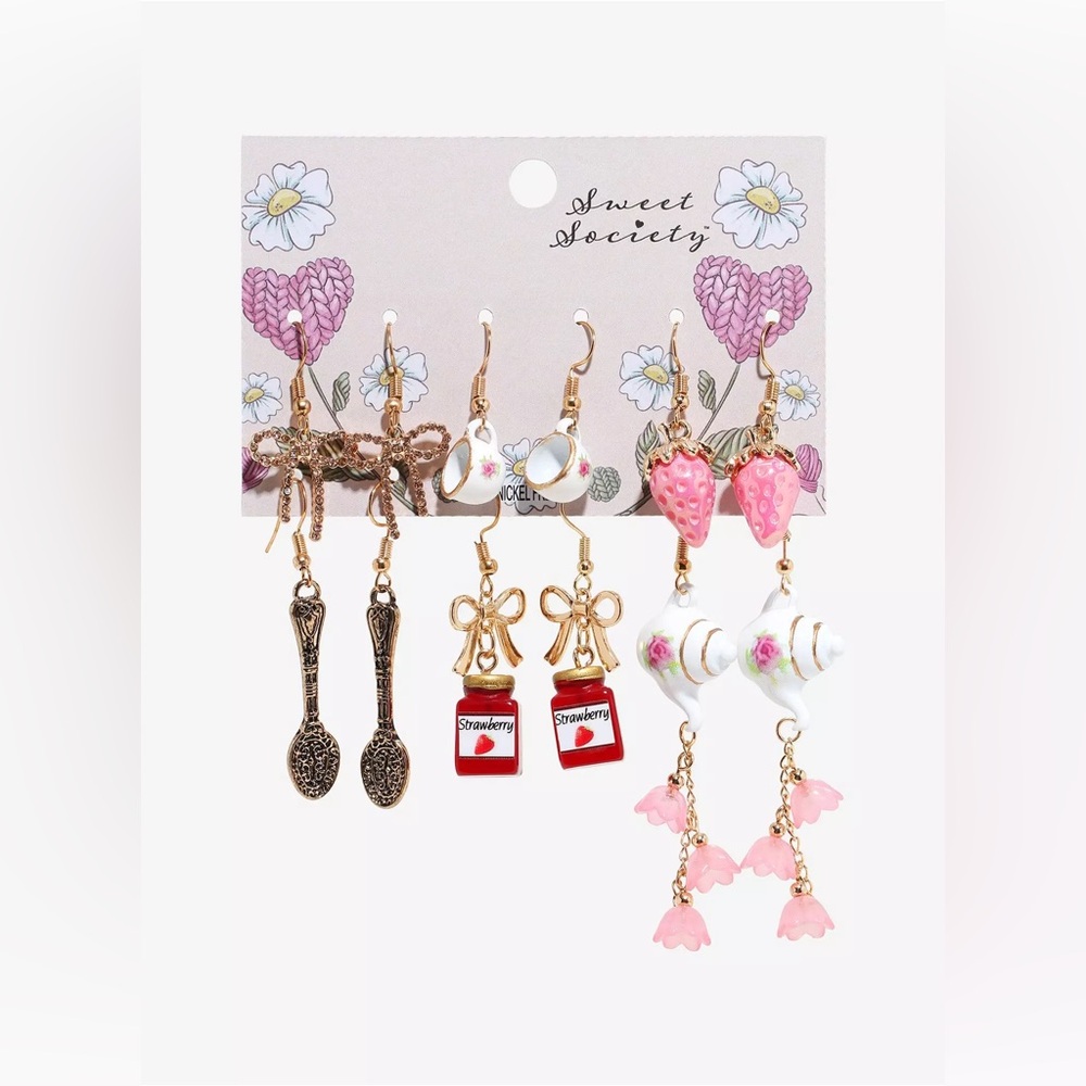 Sweet Society Pink Strawberry & Tea Set Earring Pack Bin#12